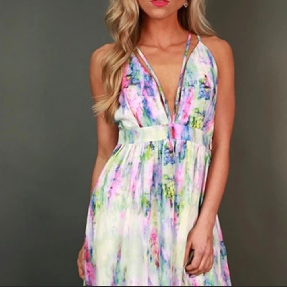 L'Atisse Watercolor Maxi Dress Plunge Front Small SEXY